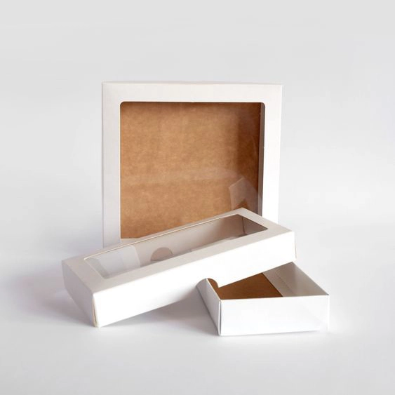 white paper boxes with transparent window