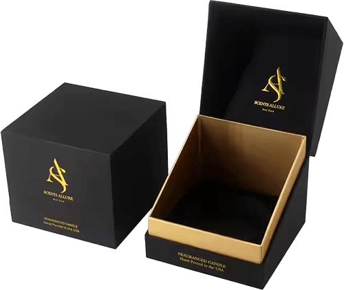 sophisticated black and gold candle box with a two piece design