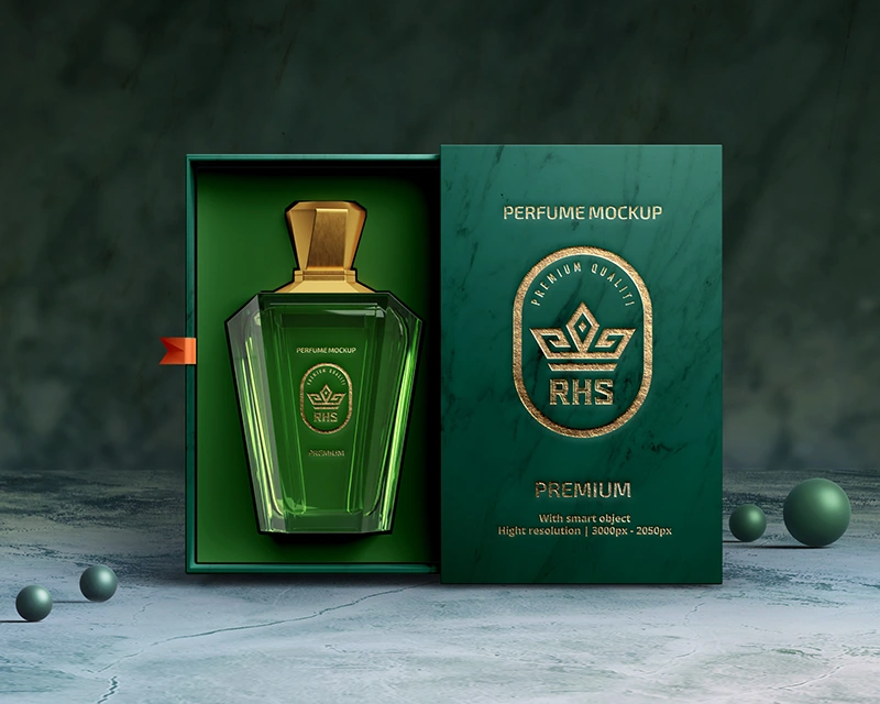 صندوق عطر فاخر مع تفاصيل ذهبية وإدراج مخصص