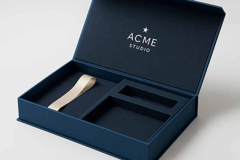 luxury gift box with custom insert and ribbon tab